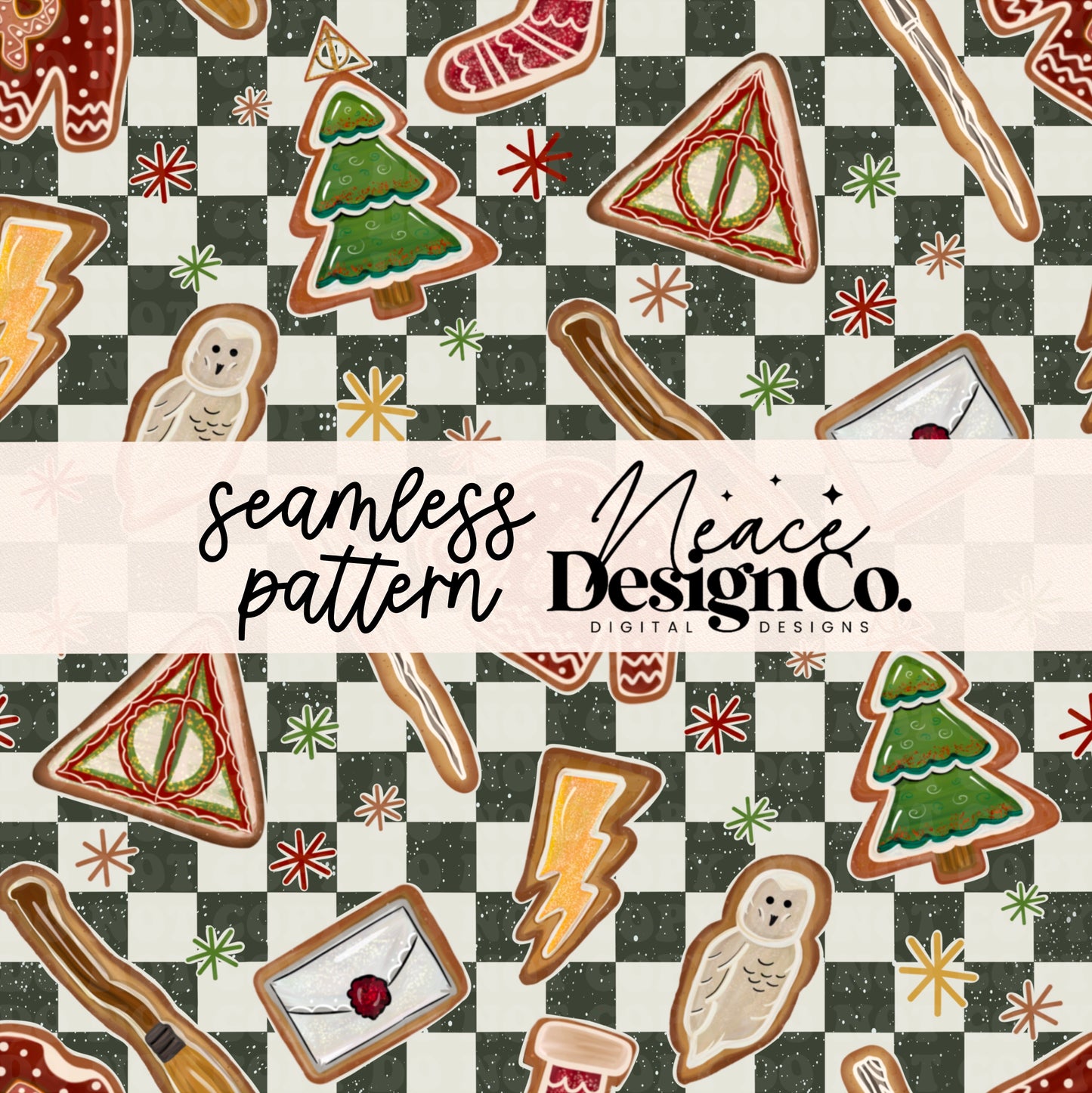 HP Gingerbread Green Seamless Digital PNG