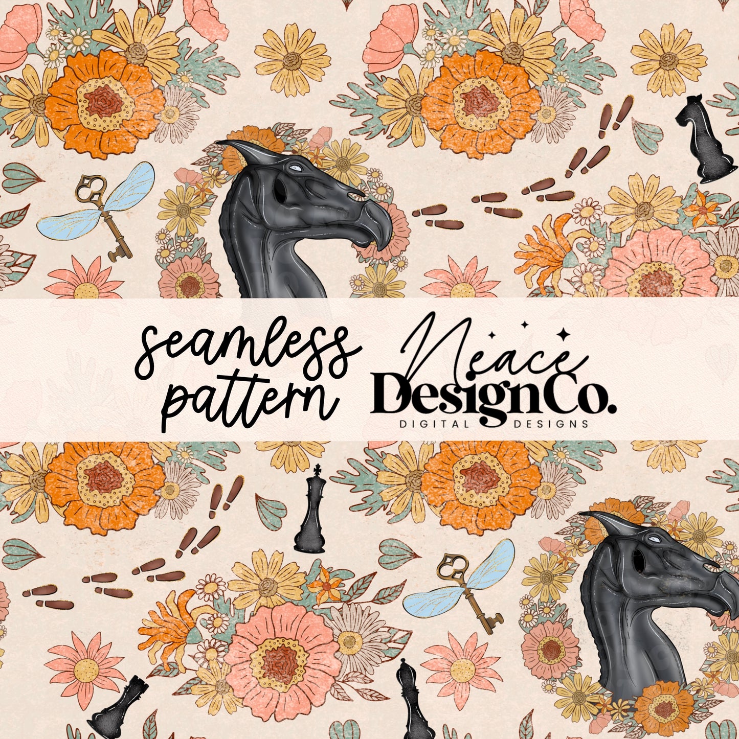 Thestral Floral Seamless Digital PNG