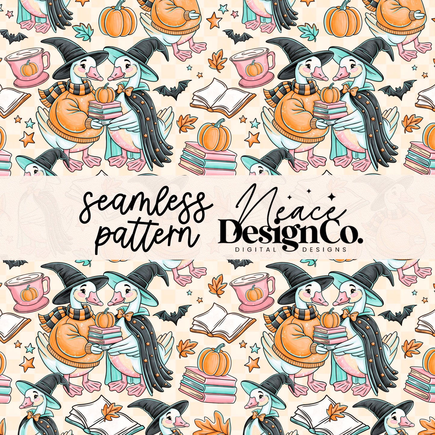 Halloween Bookish Geese Seamless Digital PNG